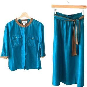 Vintage Silk Land 100% Silk Teal Brown Skirt Set 10 Petite